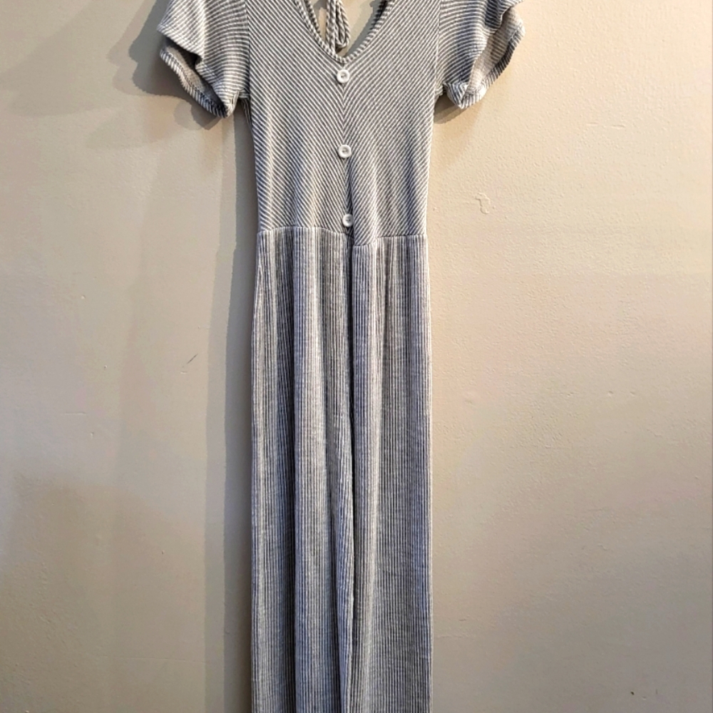 Striped Blue & White Jumpsuit With 3 Front Button And Pockets. Medium